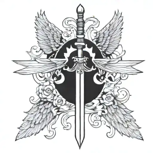 Spine Tattoo With Sword Or Wings