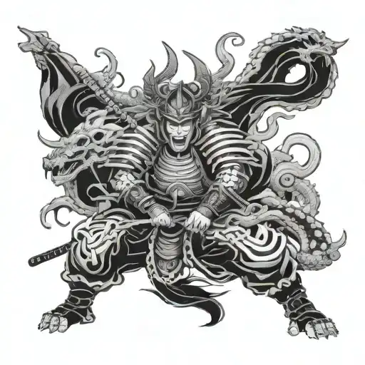 Samurai Fighting A Dragon And Demons With A Hanya Mask At The Top