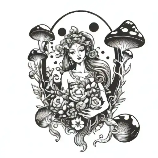 A Moon Goddess Holding A Bouquet Of Enchanted Mushrooms And Crystals