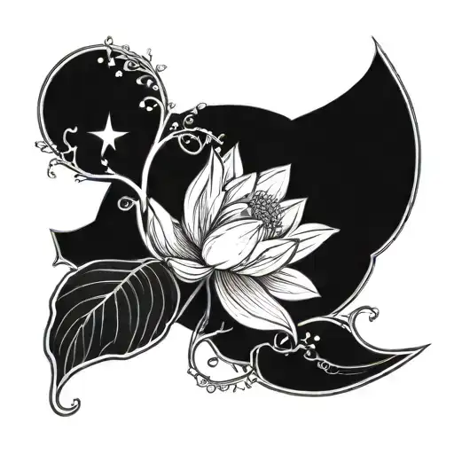 A Serene Lotus Flower With A Crescent Moon And Stars Intertwined In The Design
