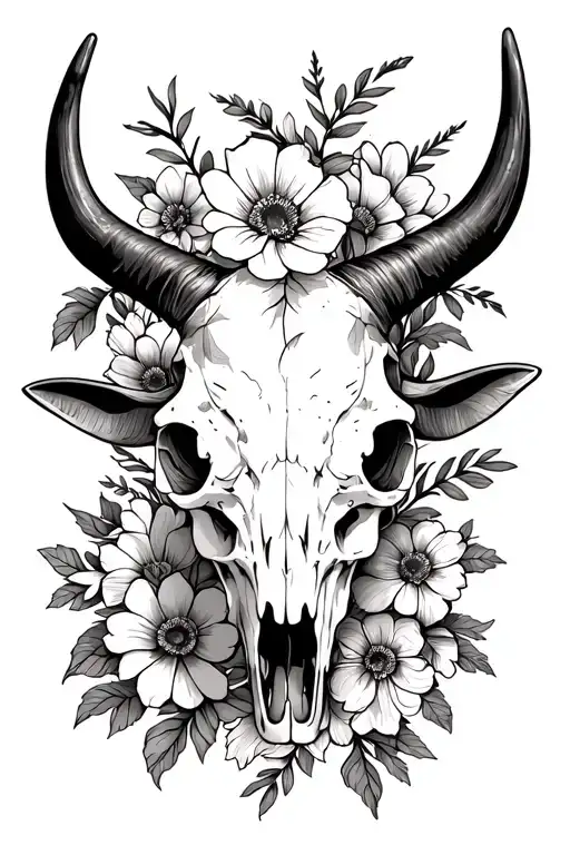Longhorn Skull Surrounded By Flowers Growing