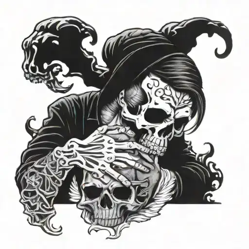 Tattoo Of A Man Wearing A Skull Holding A Skull In His Hand