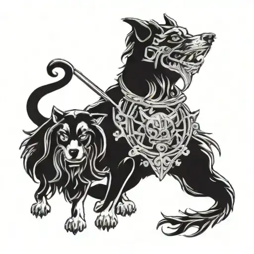 A Tattoo Design With Greekmythlogy Of Hades And His Dog Cerberus In Black-grey Style