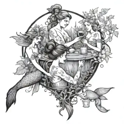 A Bartender Serving Drinks To A Group Of Mermaids In A Forest Setting