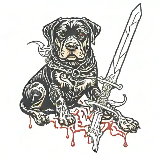 Rottweiler With Scary Sword And Blood Dripping