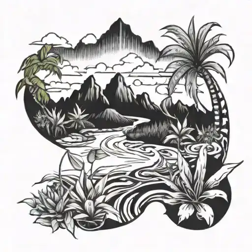 Winding River With Bromeliad Plants In Foregroud And Moutains At Background