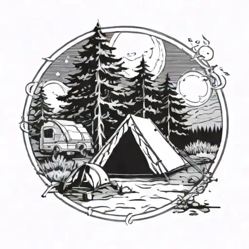 A Detailed Blackwork Tattoo Of A Serene Moonlit Camping Scene