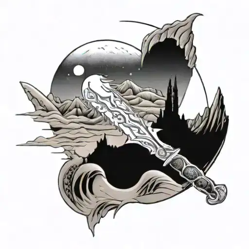 A Crysknife From The Movie Dune Combined With A A Dessert Dune Landscape And A Moon