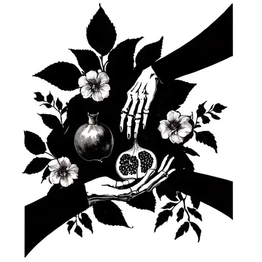 Skeleton Hand Reaching To Hold A Woman's Hand And Pomegranate And Flowers