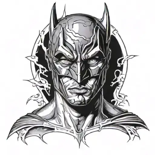 Batman Mask Three Quarters And One Quarter Left Human Male Face With Scar Under Eye And Faith