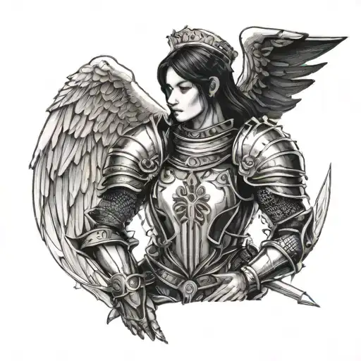 Female Knight In Armor With Black Hair And Angel Wings