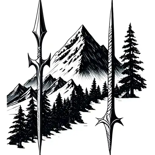 Trident And Mountain Landscape Minimal Line Art