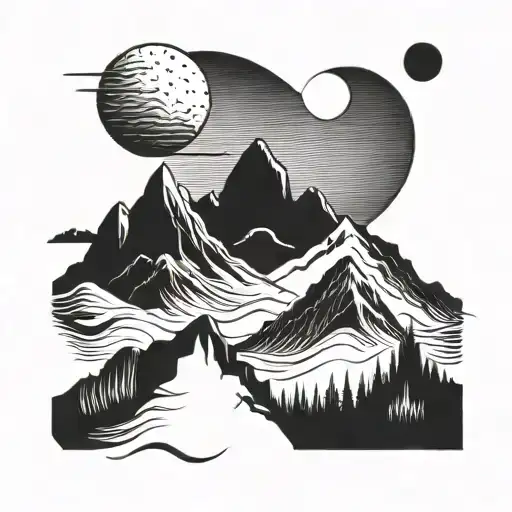 A Minimalist Blackwork Tattoo Of A Crescent Moon Rising Over A Silhouette Of Mountains