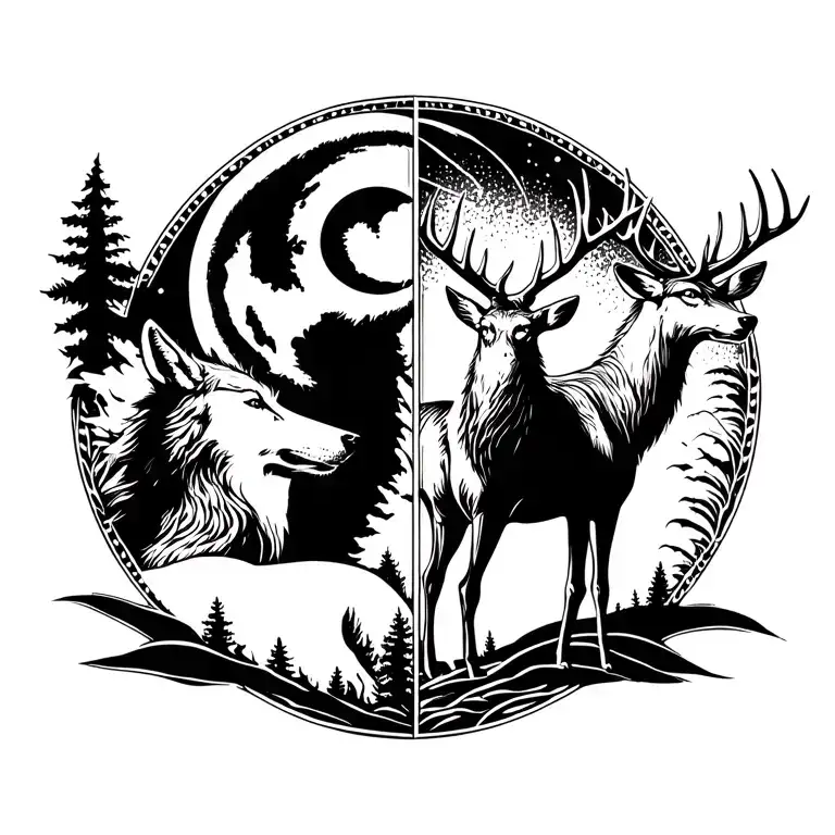 Wolf Howling At The Moon And Deer With Big Horn Two Sides Of The Back