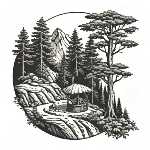 A Detailed Blackwork Tattoo Of A Discgolf Basket Nestled In A Mountain Forest Scene