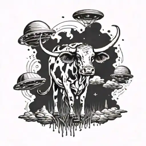 A Surreal Tattoo Of A Cow With Ufo Markings Being Abducted By Aliens In A Psychedelic Landscape