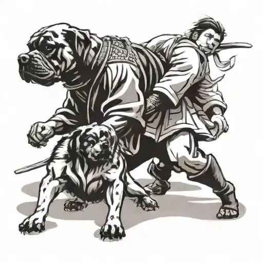 Samurai Warrior Practicing Judo Techniques With A Rottweiler By His Side