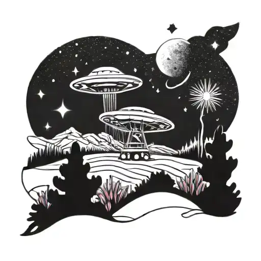 A Cosmic Landscape With A Ufo Hovering Over A Field Of Colorful Alien Flowers