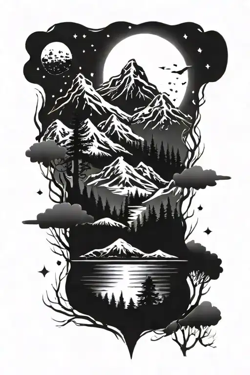 Mountains Trees And A Lake Fading Into Space Theme