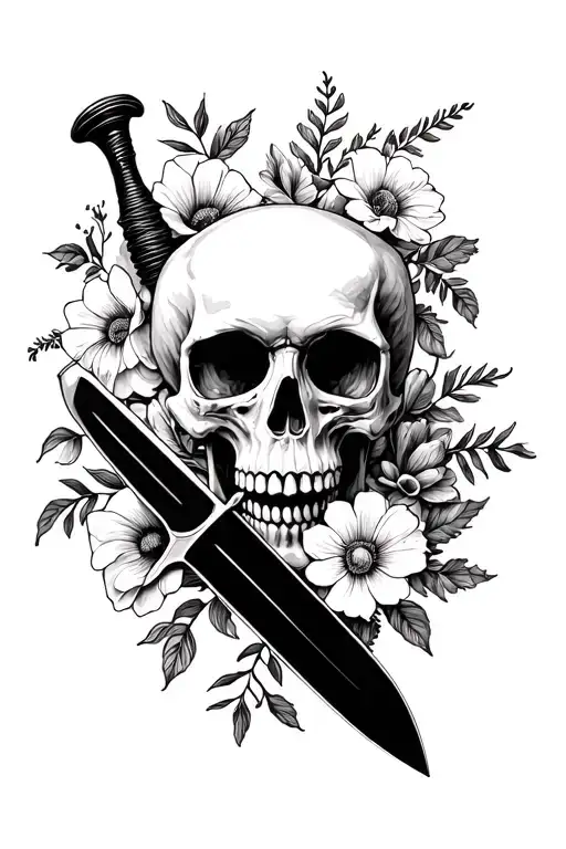 Skull With Knife Thru It Top To Bottom Surrounded By Flowers