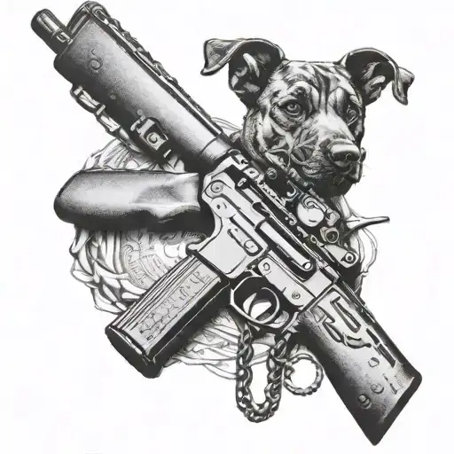 A Realistic Blackwork Tattoo Of A Hunting Rifle Intertwined With Military Dog Tags