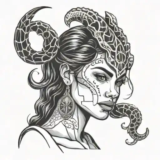 Sketch Style Composition Of A Seductive Latin Woman Face With A Scorpio Zodiac Sign