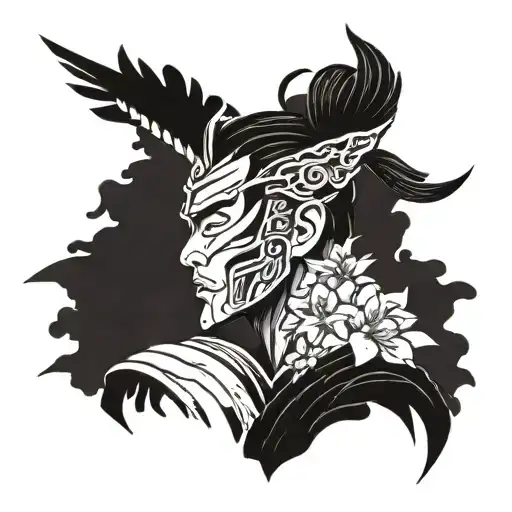 Side Profile Of Samurai Warrior Face Surrounded By Cranes And Oritenal Flowers