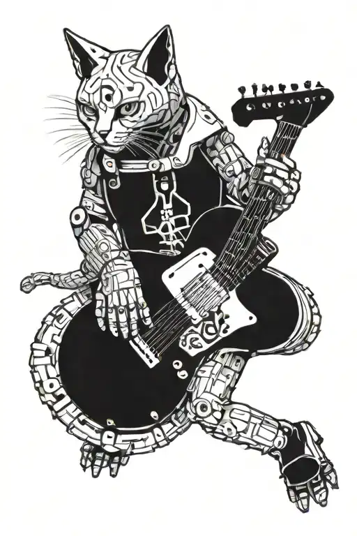 Cyberpunk Inspired Tattoo Featuring A Robotic Cat Playing A Guitar