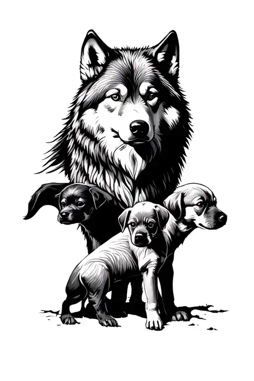 Alpha Wolf Protecting Puppies Along With The Symbol