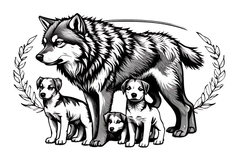 Alpha Wolf Protecting Puppies Along With The Symbol