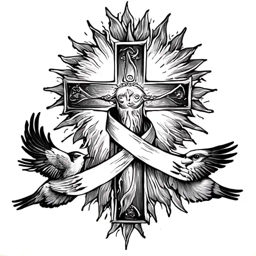 Jesus Cross With Cancer Ribbon Wrapped Loosely Birds And Sun Around It