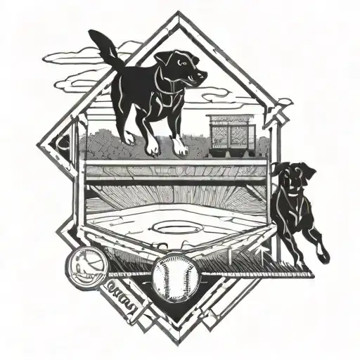 A Blackwork Tattoo Of A Baseball Diamond With A Dog Running The Bases