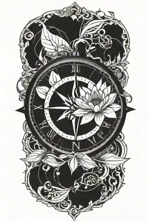 Lotus Flower Centered Inside A Compass