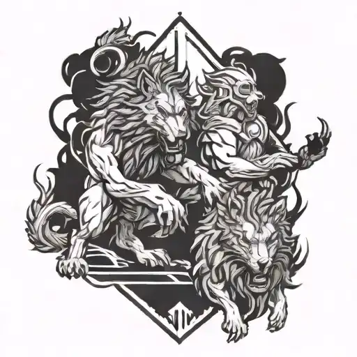 A Fierce Wolf And Lion Facing Off In A Video Game-inspired Battle Scene