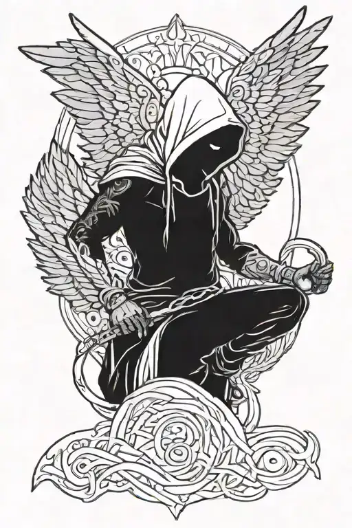 Ad Angel With A Hood On With Massive Wings Behind On His Back With A Shade Of Black Light Behind Him