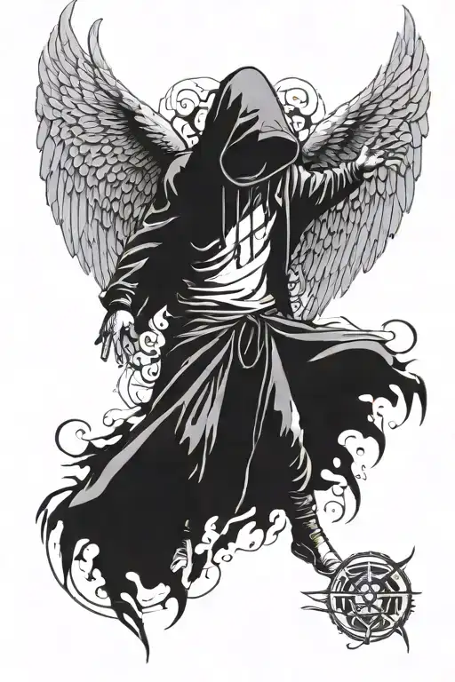 Ad Angel With A Hood On With Massive Wings Spread And His Hands Spread