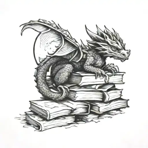 Baby Dragon Sleeping On A Pile Of Books Under A Moon Lit Sky
