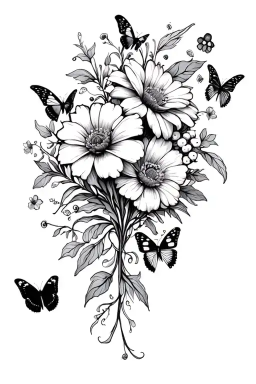 Flowers And Butterflies Surrounding Them