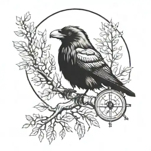 A Raven With The Vegvisir Sign Sitting On A Branch