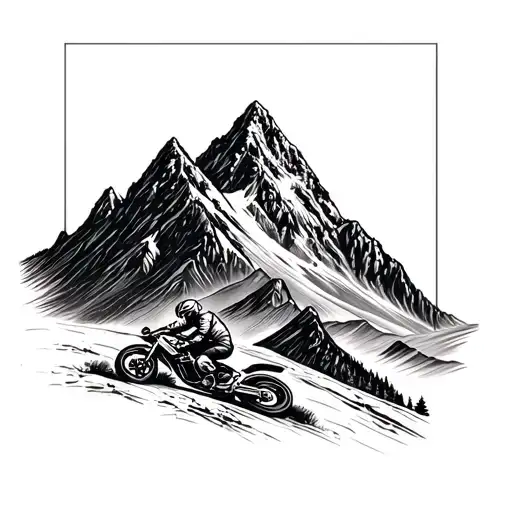 A Detailed Blackwork Tattoo Of A Rugged Mountain Landscape With A Motorbike Navigating Through It