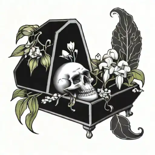 Coffin With A Skull Coming Out Of It And Integrating Lilly Of The Valley Flowers