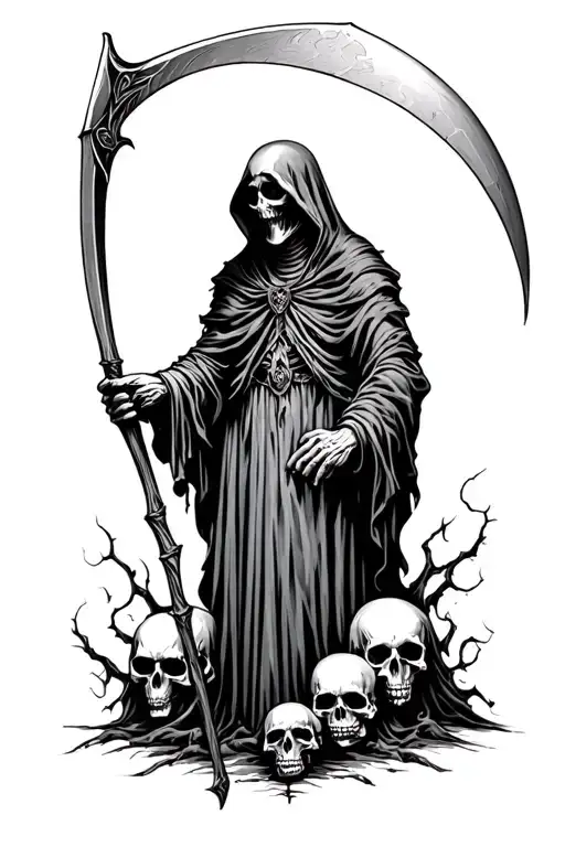 Grim Reaper Holding A Scythe With Skulls Either Side