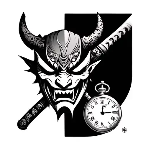 Oni Mask With A Katana And A Pocket Watch