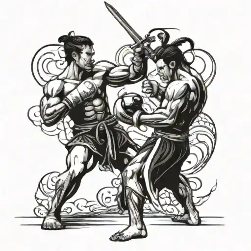 A Fusion Design Of A Muay Thai Fighter And A Samurai Warrior In A Fierce Battle Stance