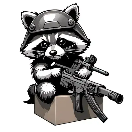 A Raccoon In A Helmet And Body Armor With A Machine Gun Sits On A Box With A Cigarette In His Teeth