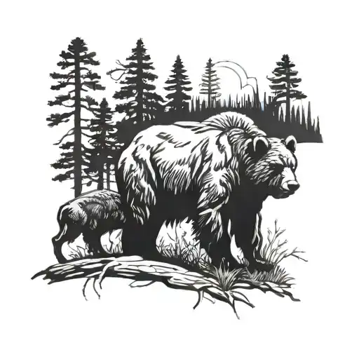 A Silhouette Of A Bear And Buffalo Standing Side By Side In The Oklahoma Woods At Nighttime