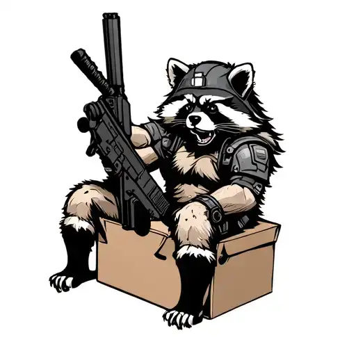 A Raccoon In A Helmet And Body Armor With A Machine Gun Sits On A Box With A Cigar In His Teeth