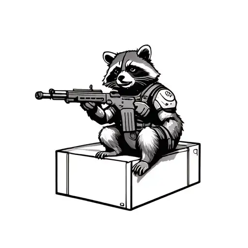 A Raccoon In A Helmet And Body Armor With A Machine Gun Sits On A Box With A Cigar In His Teeth