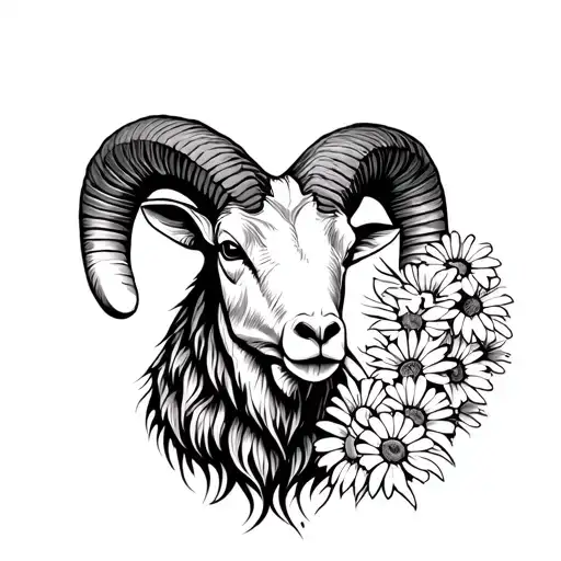 Mean Looking Ram Head With Daisies And J K L Script Font