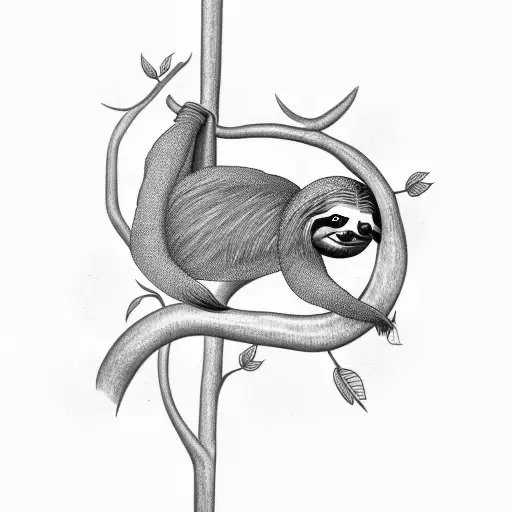 Sloth Hanging From A Tree And Reaching A Weed Plant